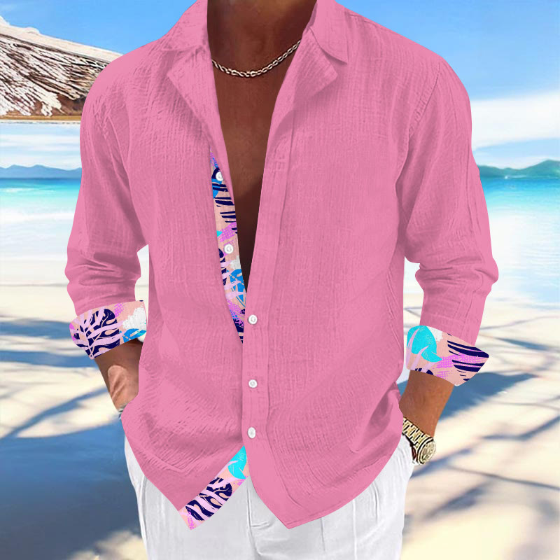 Casual Vacation Men's Tropical Leaf Print Hawaiian Cuban Collar Long Sleeve Shirt