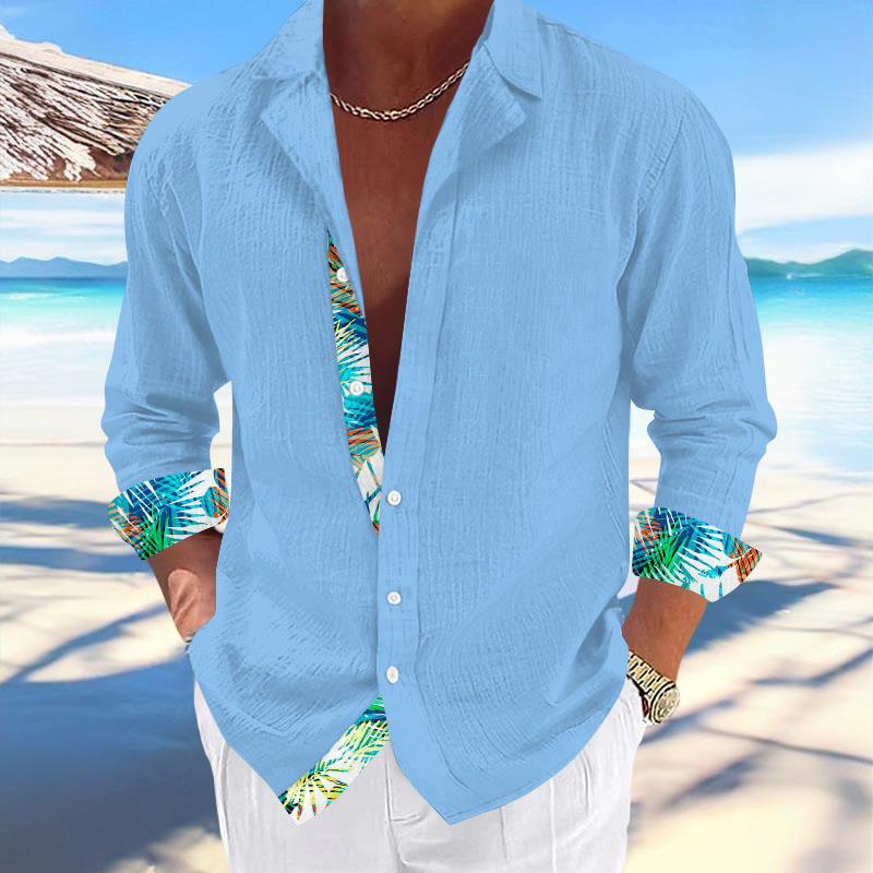 Hawaiian Casual Vacation Men's Tropical Leaf Print Cuban Collar Long Sleeve Shirt