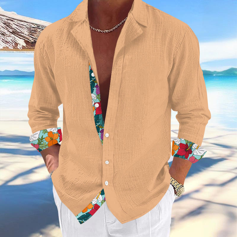 Hawaiian Casual Vacation Men's Tropical Flower Print Cuban Collar Long Sleeve Shirt