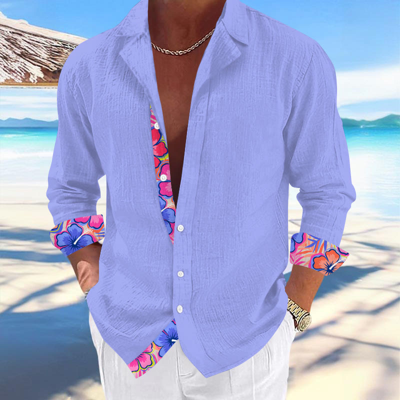 Hawaiian Casual Vacation Men's Colorful Hibiscus Flower Print Cuban Collar Long Sleeve Shirt