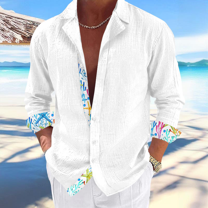 Hawaiian Casual Vacation Men's Watercolor Coral Print Cuban Collar Long Sleeve Shirt