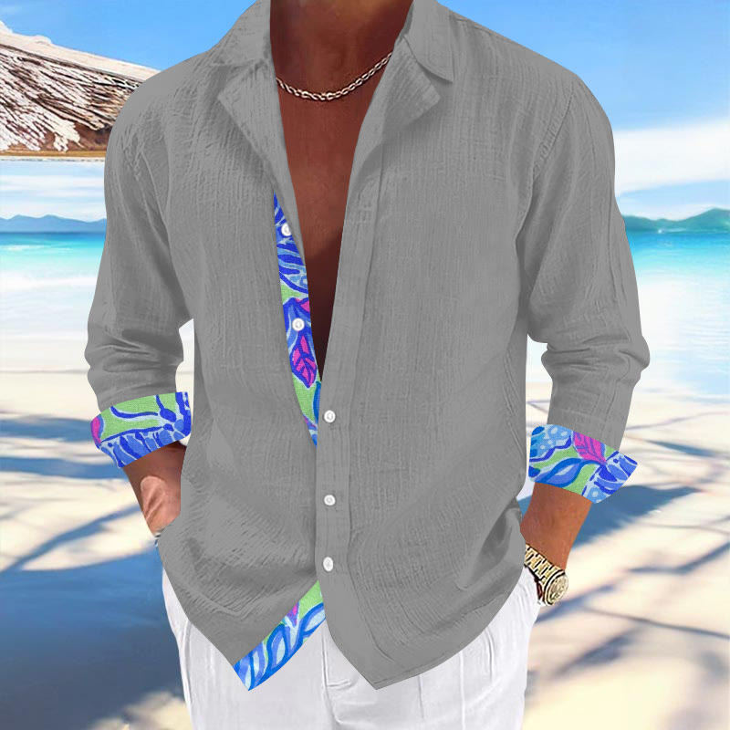 Men's Hawaiian Print Fashionable Resort Casual Cuban Collar Long Sleeve Shirt