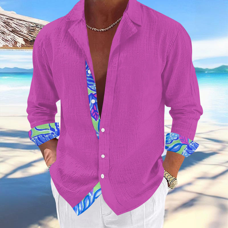 Men's Hawaiian Print Fashionable Resort Casual Cuban Collar Long Sleeve Shirt