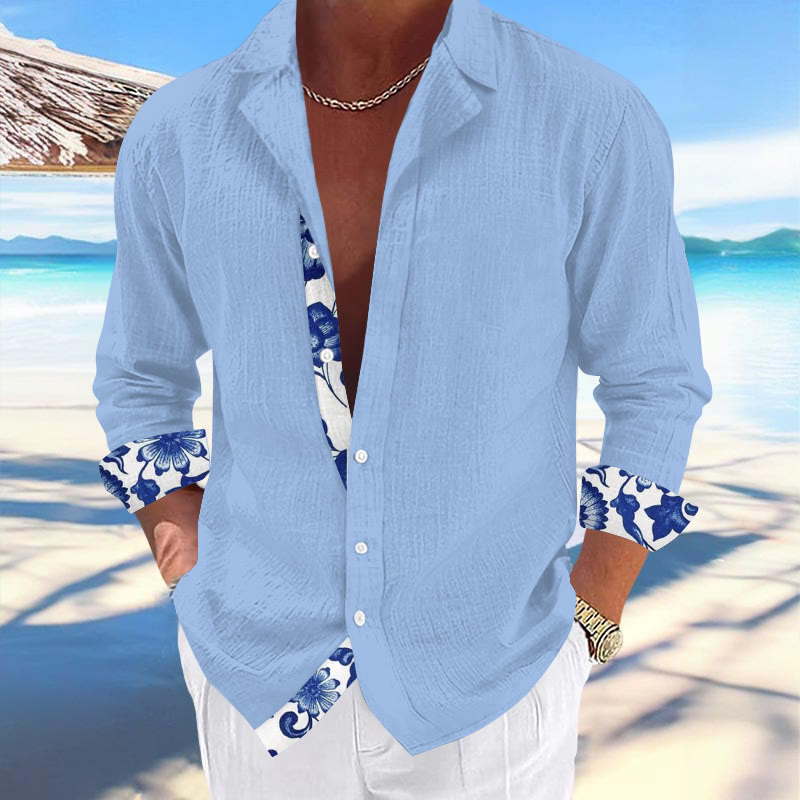 Men's Resort Hawaiian Print Casual Cuban Collar Long Sleeve Shirt