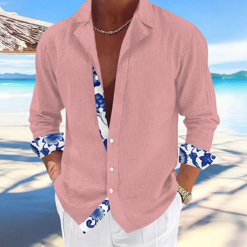 Men's Resort Hawaiian Print Casual Cuban Collar Long Sleeve Shirt