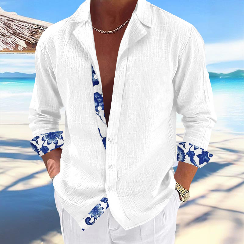 Men's Resort Hawaiian Print Casual Cuban Collar Long Sleeve Shirt