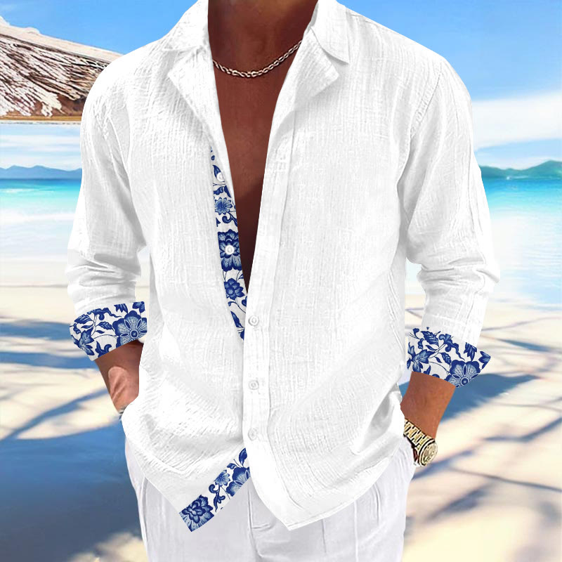Men's Resort Ombre Tropical Floral Print Casual Cuban Collar Long Sleeve Shirt