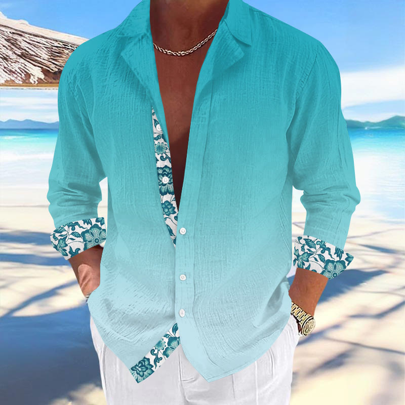 Men's Resort Ombre Tropical Floral Print Casual Cuban Collar Long Sleeve Shirt