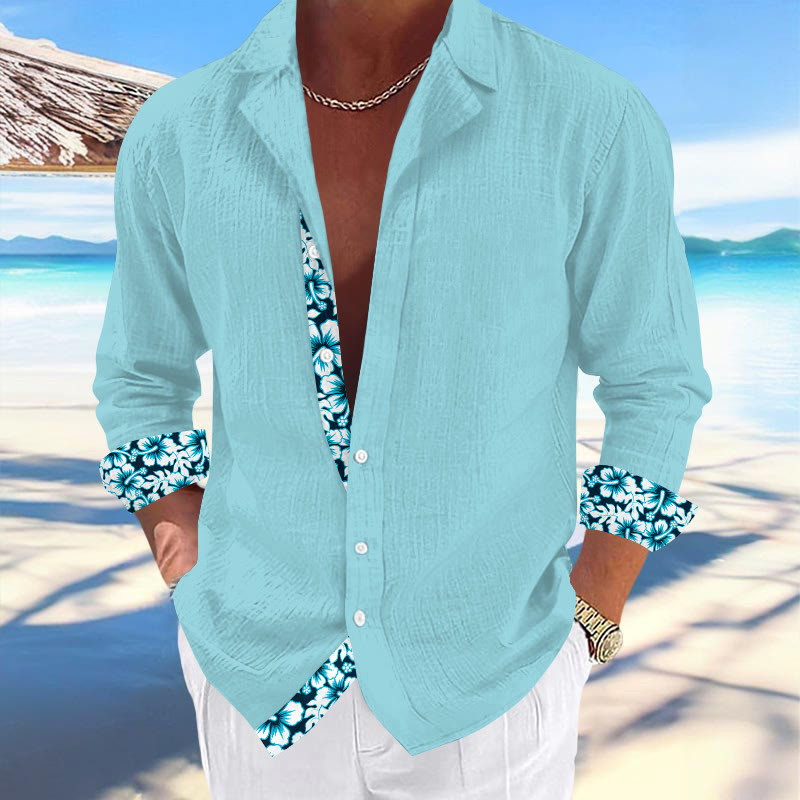 Summer Men's Resort Hawaiian Tropical Floral Print Cuban Collar Long Sleeve Shirt