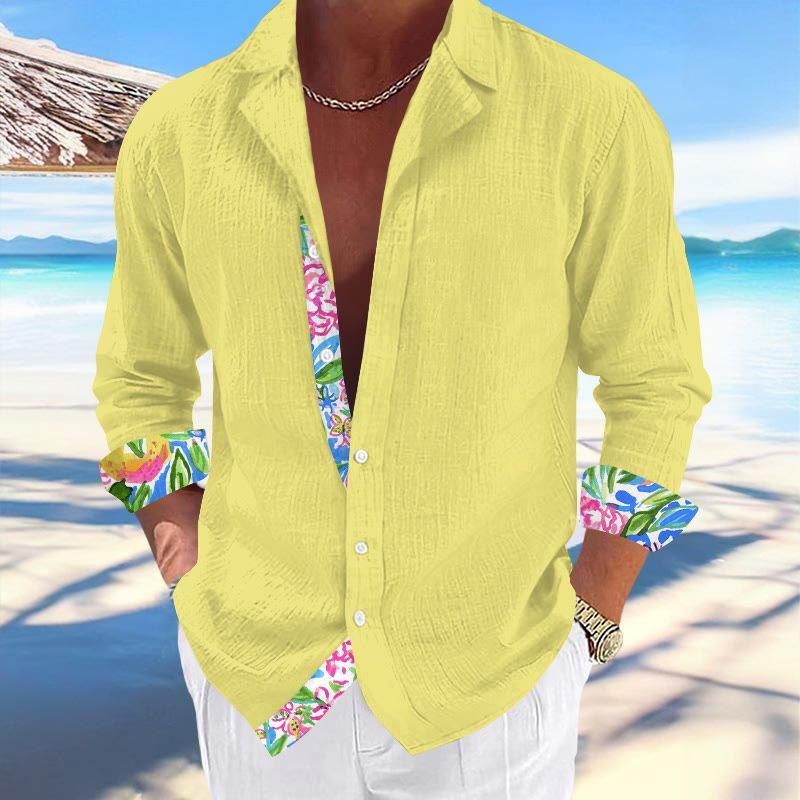 Summer Men's Vacation Abstract Tropical Flower Watercolor Print Cuban Collar Long Sleeve Shirt