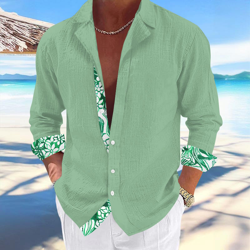 Summer Men's Vacation Abstract Tulip Watercolor Print Cuban Collar Long Sleeve Shirt