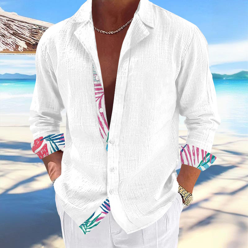 Men's Resort Tropical Leaves Print Casual Hawaiian Cuban Collar Long Sleeve Shirt