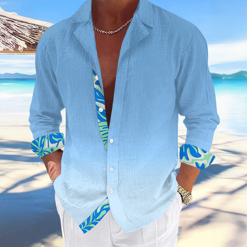 Men's Resort Casual Tropical Print Hawaiian Cuban Collar Long Sleeve Shirt