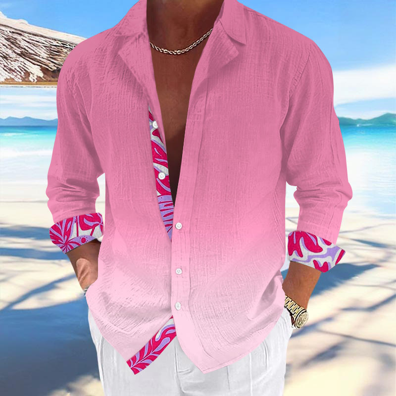 Men's Resort Casual Tropical Print Hawaiian Cuban Collar Long Sleeve Shirt