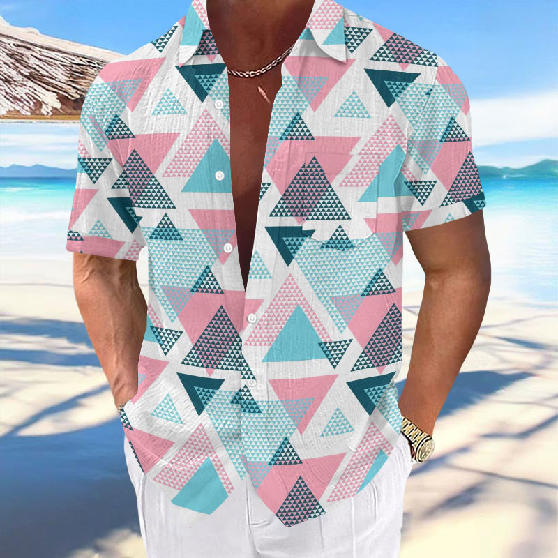 Vacation Casual Contrast Color Geometric Triangle Print Hawaiian Short-sleeved Shirt