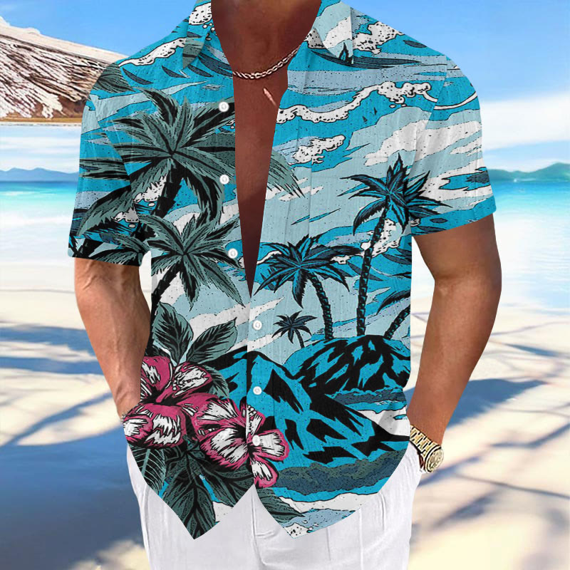 Summer Men's Vacation Seaside Coconut Tree Print Hawaiian Short-sleeved Shirt