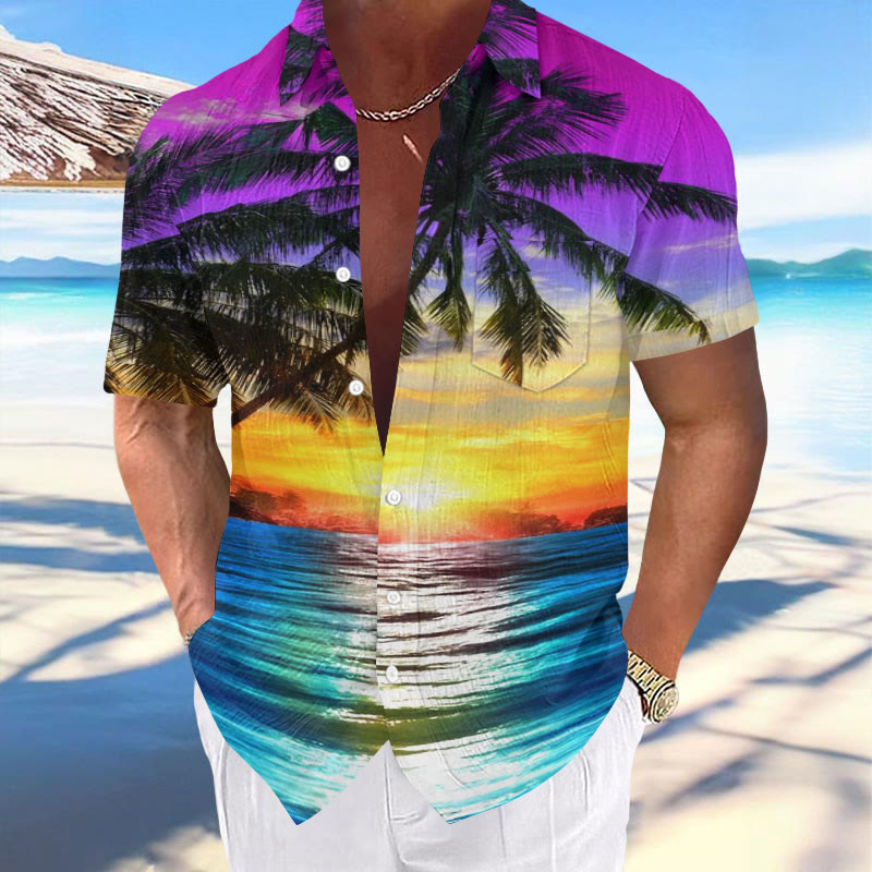 Casual Men's Vacation Seaside Coconut Tree Ombre Print Hawaiian Short-sleeved Shirt