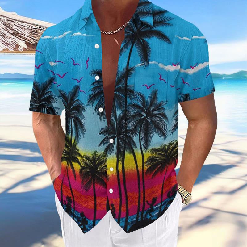 Casual Men's Resort Color Block Coconut Tree Print Hawaiian Short Sleeve Shirt
