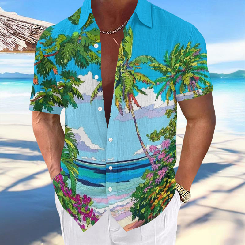 Casual Men's Vacation Hawaiian Coconut Tree Print Short Sleeve Shirt