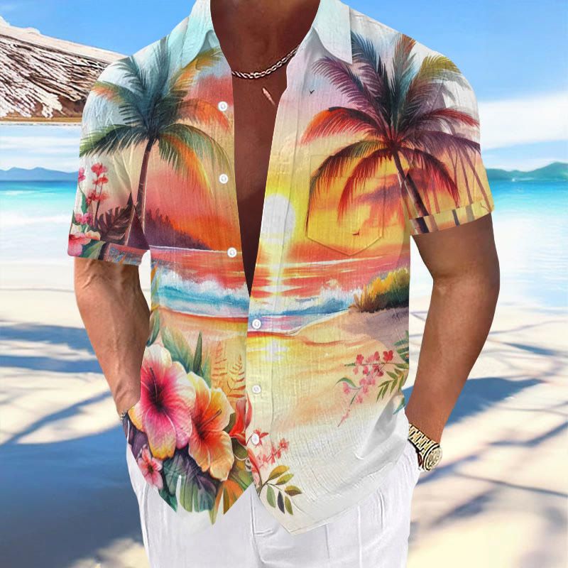 Men's Vacation Hawaiian Sunset Coconut Tree Print Casual Short Sleeve Shirt