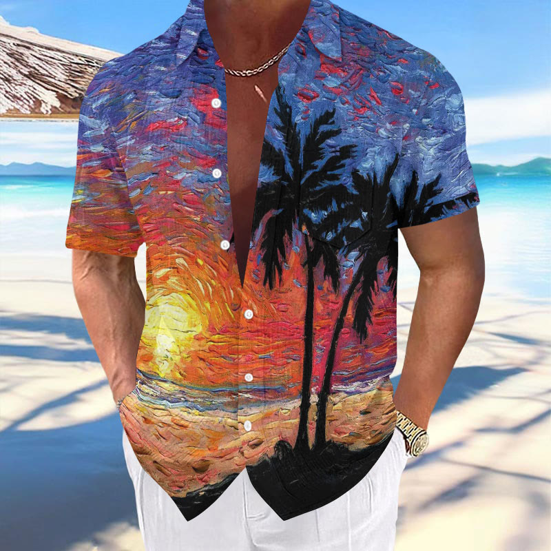 Men's Vacation Hawaii Sunset Coconut Tree Oil Painting Art Print Casual Short Sleeve Shirt