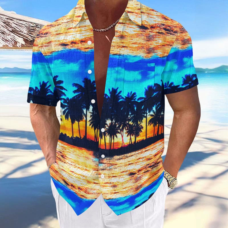 Men's Vacation Sunset Coconut Tree Print Casual Hawaiian Short Sleeve Shirt
