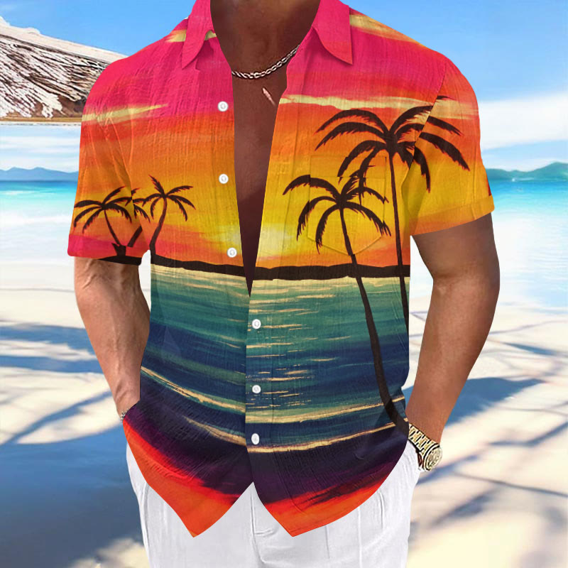 Men's Vacation Ombre Sunset Coconut Tree Print Casual Hawaiian Short-sleeved Shirt