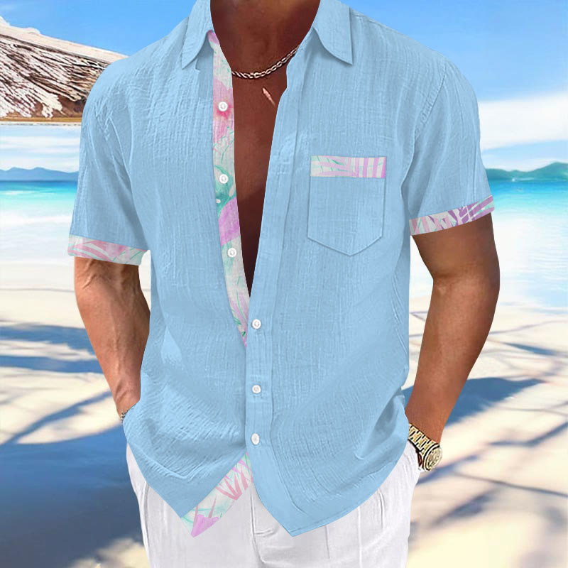 Simple Men's Holiday Tropical Leaves Contrasting Print Casual Hawaiian Short-sleeved Shirt