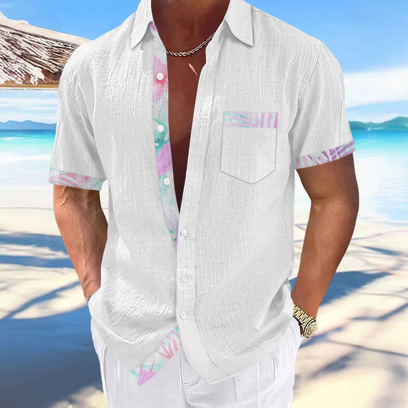 Simple Men's Holiday Tropical Leaves Contrasting Print Casual Hawaiian Short-sleeved Shirt