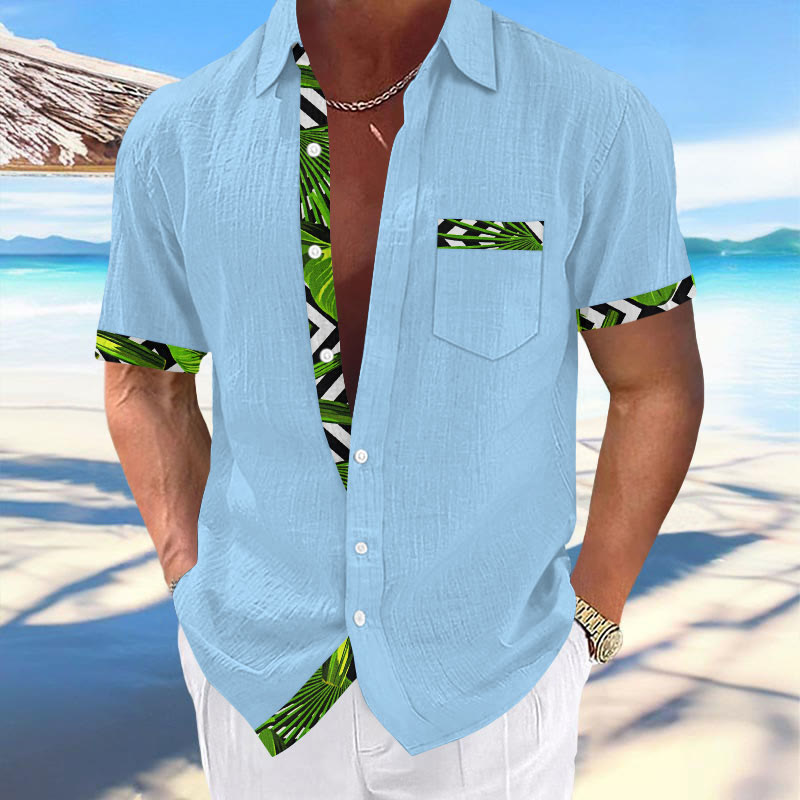 Men's Resort Tropical Leaves Geometric Print Casual Hawaiian Short Sleeve Shirt