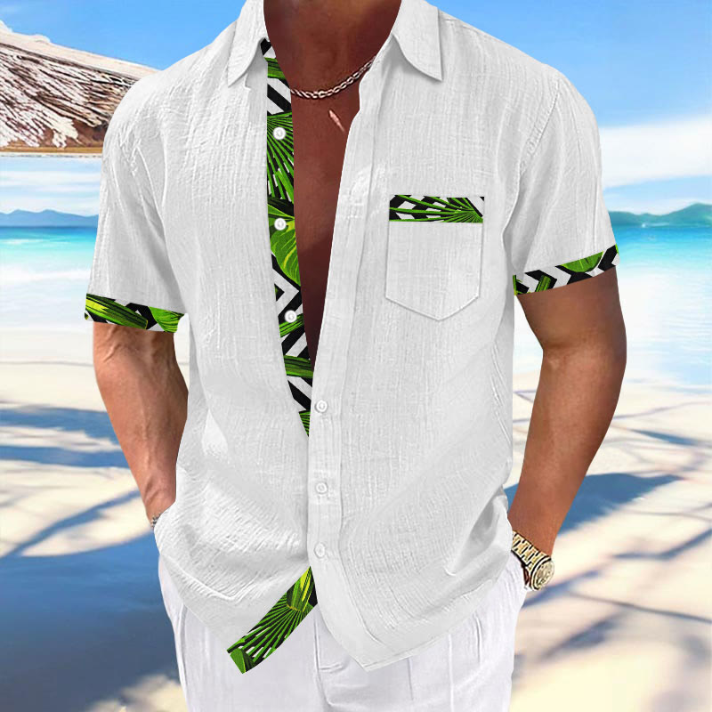 Men's Resort Tropical Leaves Geometric Print Casual Hawaiian Short Sleeve Shirt