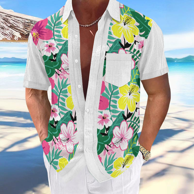 Men's Resort Tropical Floral Patchwork Printed Casual Hawaiian Short-sleeved Shirt