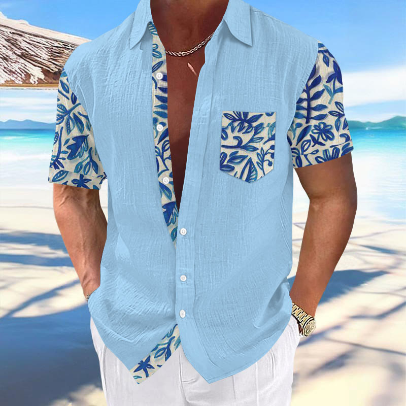 Men's Resort Floral Patchwork Print Casual Hawaiian Short Sleeve Shirt