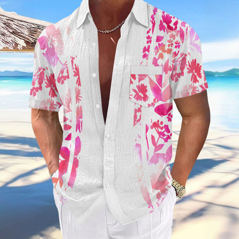Summer Men's Holiday Tropical Floral Splicing Print Casual Hawaiian Short-sleeved Shirt