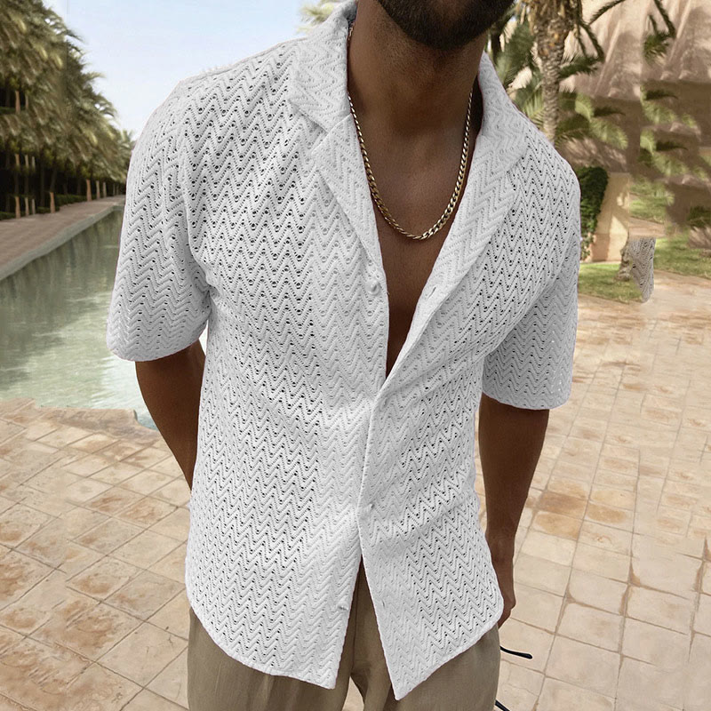 Vacation Solid Color Hollow Knitted Shirt