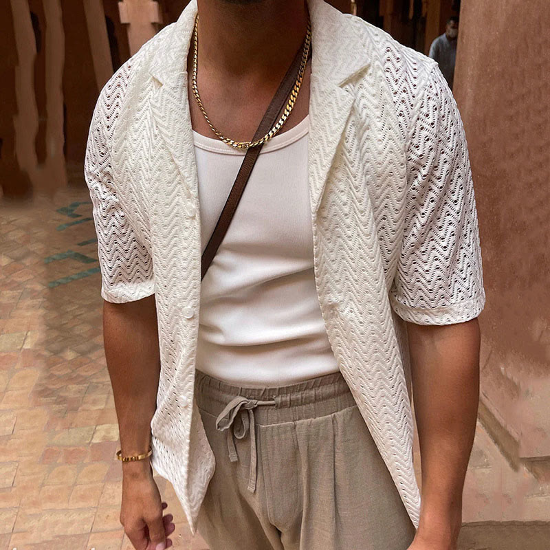 Vacation Solid Color Hollow Knitted Shirt