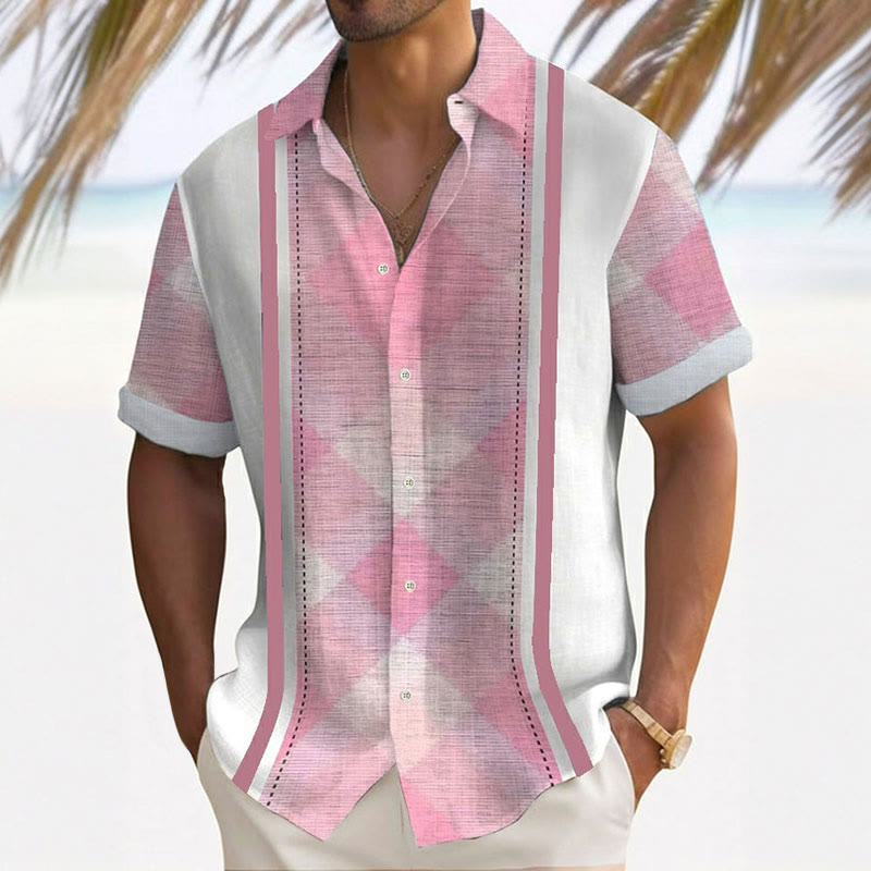 Men's Classic Plaid Color Block Design Printed Casual Resort Shirt