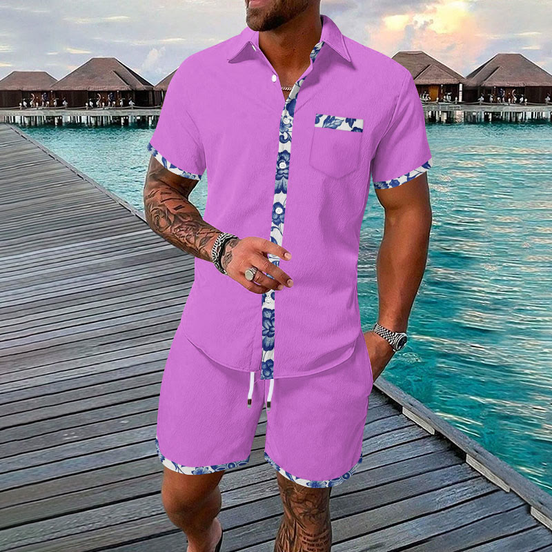 Men's Hawaii Print Fashion Vacation And Casual Hawaiian Shirt Set