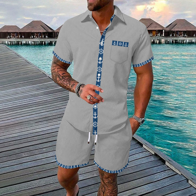 Men's Summer Vacation Anchor Print Casual Hawaiian Shirt Set