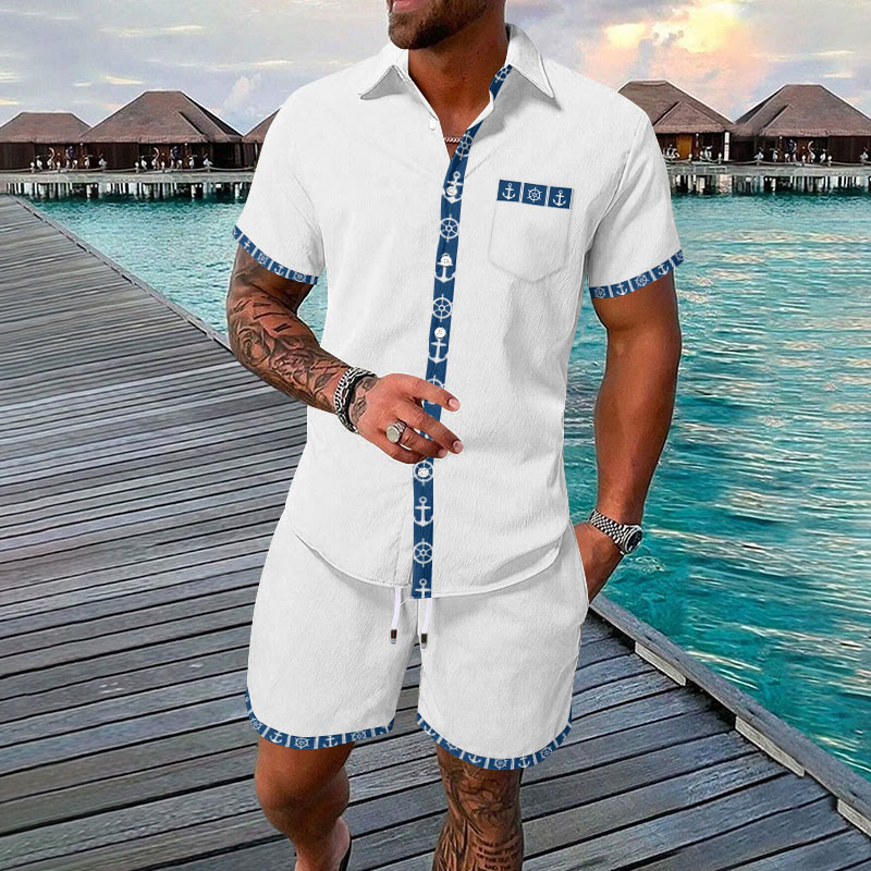 Men's Summer Vacation Anchor Print Casual Hawaiian Shirt Set