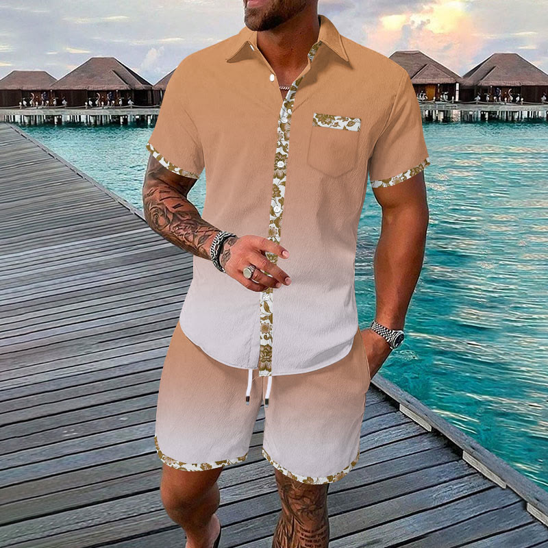 Men's Hawaiian Floral Contrast Print Resort Casual Short Sleeve Shirt Set