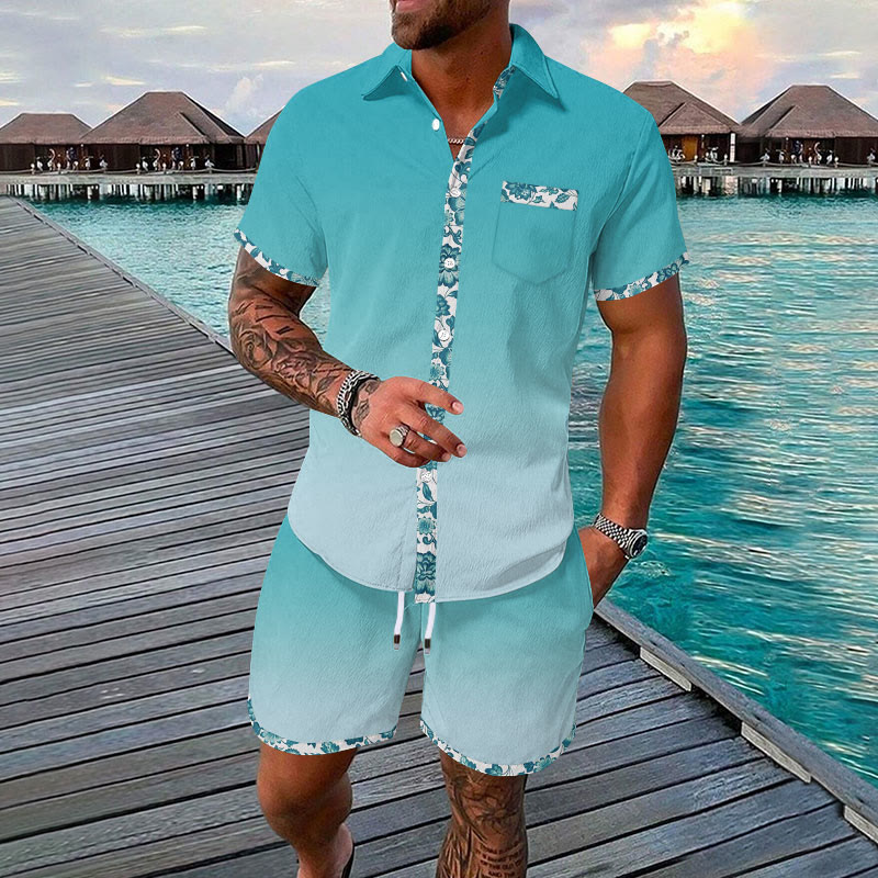 Men's Hawaiian Floral Contrast Print Resort Casual Short Sleeve Shirt Set