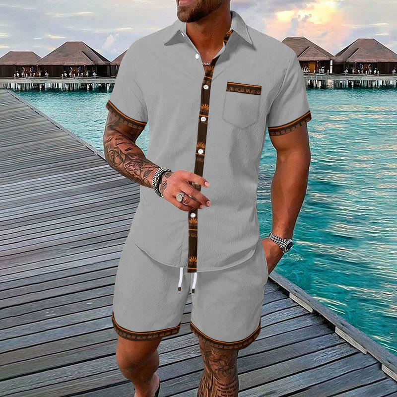 Men's Ethnic Grecian Peacock Print Casual Resort Shirt Set