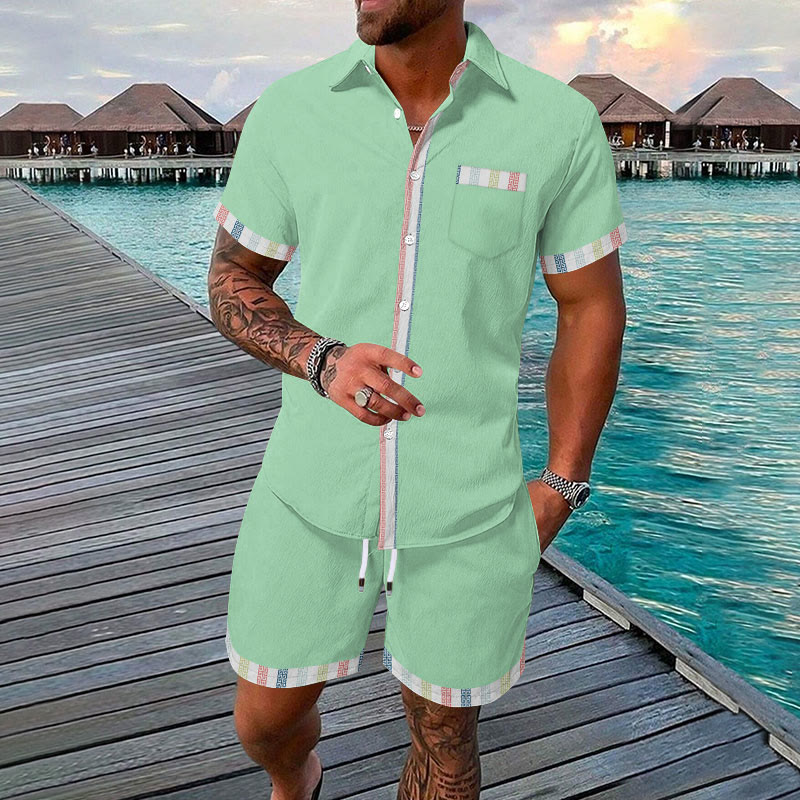 Men's Ethnic Color Block Striped Print Casual Resort Shirt Set