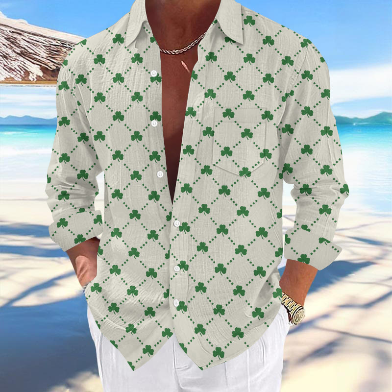 Men's St. Patrick's Day Rhombus-shaped Clover Print Fashionable Resort Casual Shirt  - Green - 5XL - image 1
