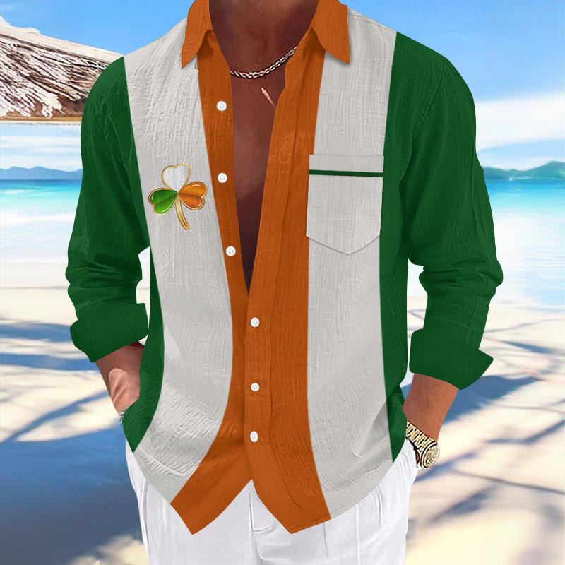 Men's St. Patrick's Day Three-color Spliced Clover Print Fashionable Resort Casual Shirt  - Orange - 5XL - image 1