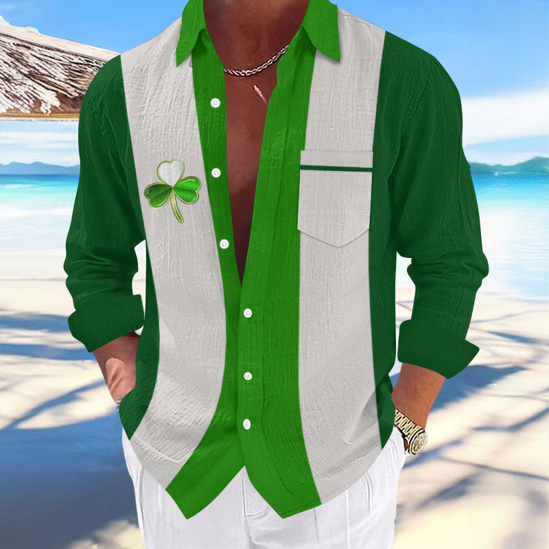 Men's St. Patrick's Day Three-color Spliced Clover Print Fashionable Resort Casual Shirt  - Green - 5XL - image 2