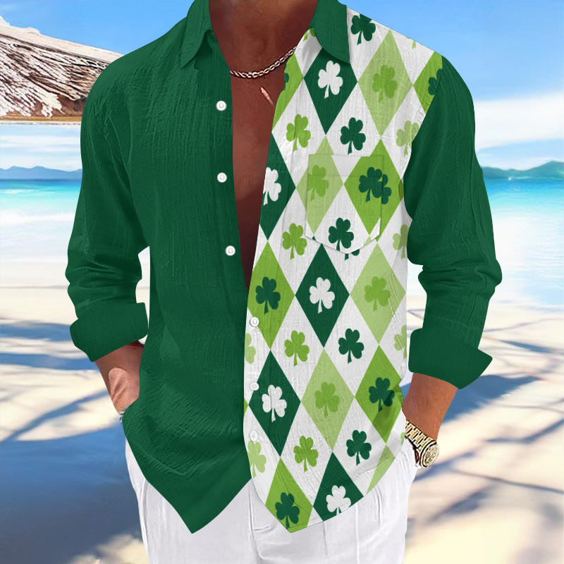 Men's St. Patrick's Day Rhombic Clover Splicing Green Print Fashionable Resort Casual Shirt  - Green - 5XL - image 1