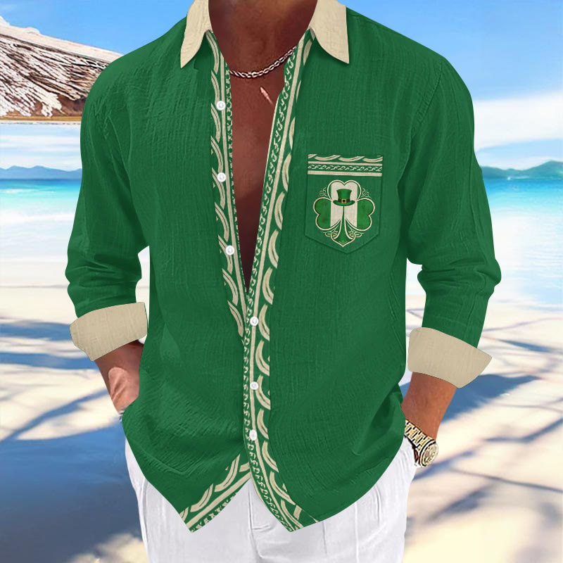 Men's St. Patrick's Day Pocket Clover Print Fashionable Resort Casual Shirt  - Green - 5XL - image 1