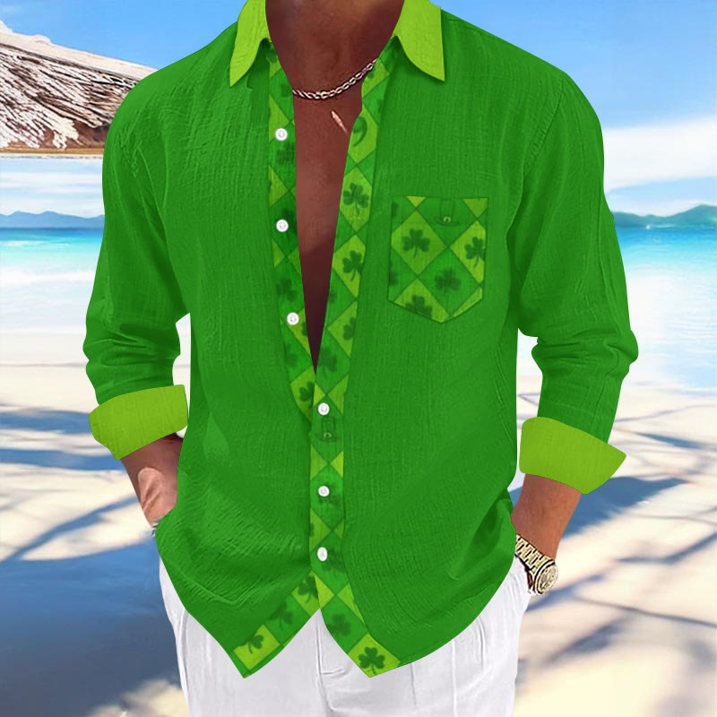 Men's St. Patrick's Day Pocket Rhombic Clover Print Fashionable Resort Casual Shirt  - Green - 5XL - image 1